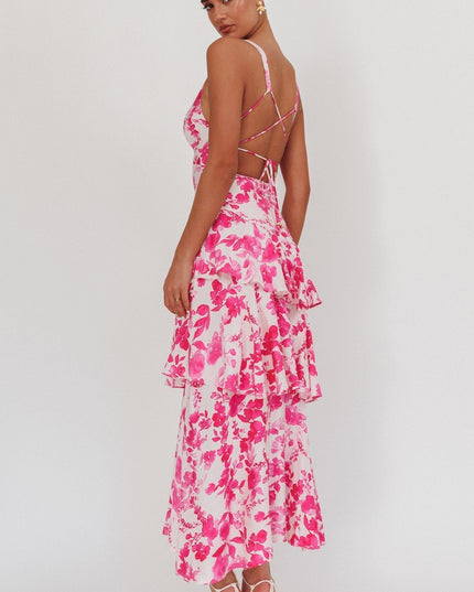 Pink floral maxi dress back view with strappy detail