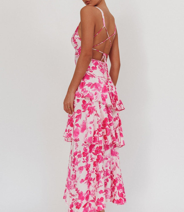 Pink floral maxi dress back view with strappy detail