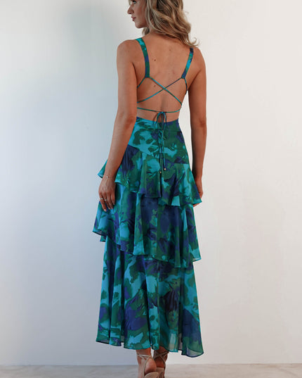 Back view of teal and navy floral tiered ruffle maxi dress with crossback straps