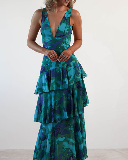 Front view of teal blue floral v-neck maxi dress with layered ruffle tiers