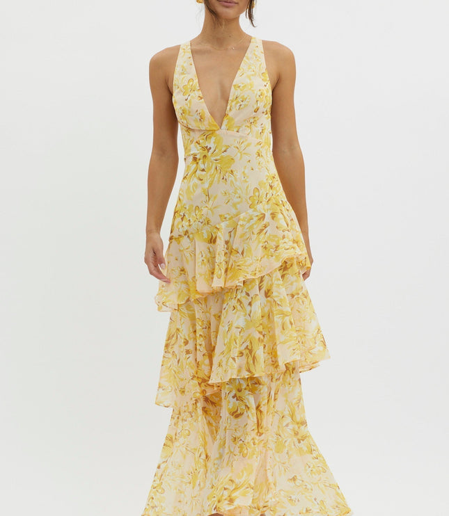 Yellow floral v-neck maxi dress with layered ruffles