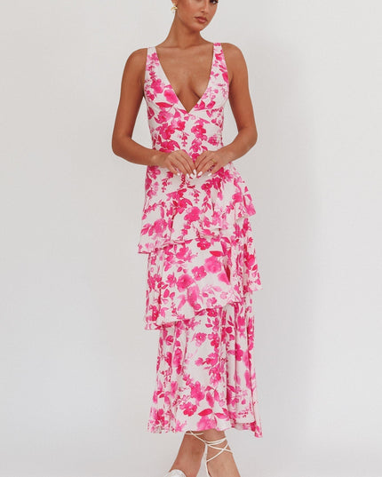 Magenta floral tiered ruffle maxi dress front view
