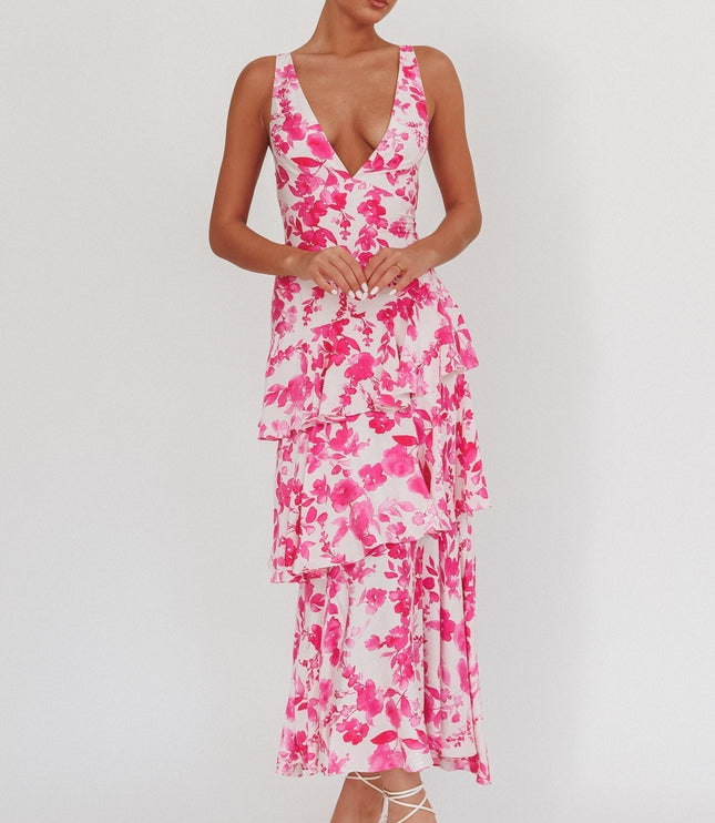 Magenta floral tiered ruffle maxi dress front view