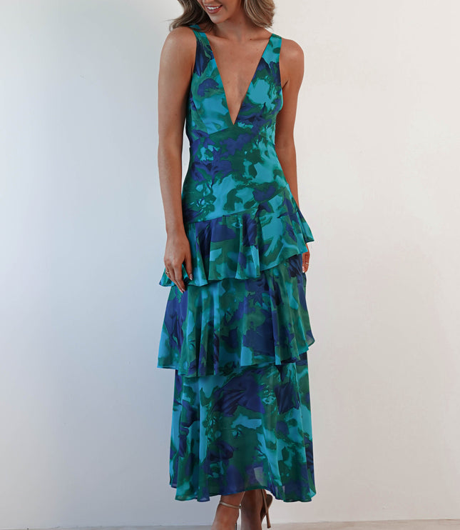 Teal and navy floral v-neck maxi dress with ruffles