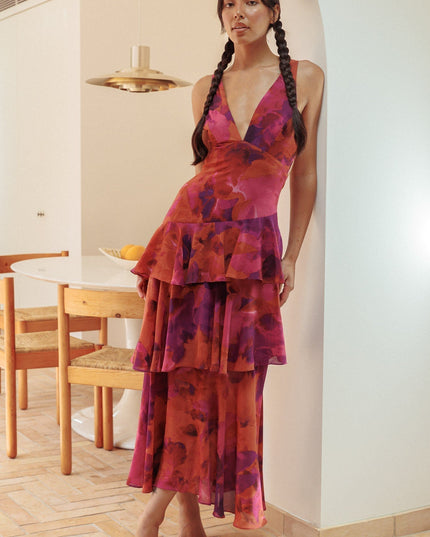 Red and purple floral tiered maxi dress v-neckline