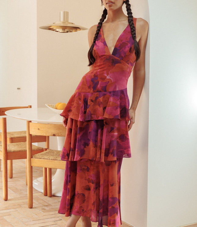 Red and purple floral tiered maxi dress v-neckline