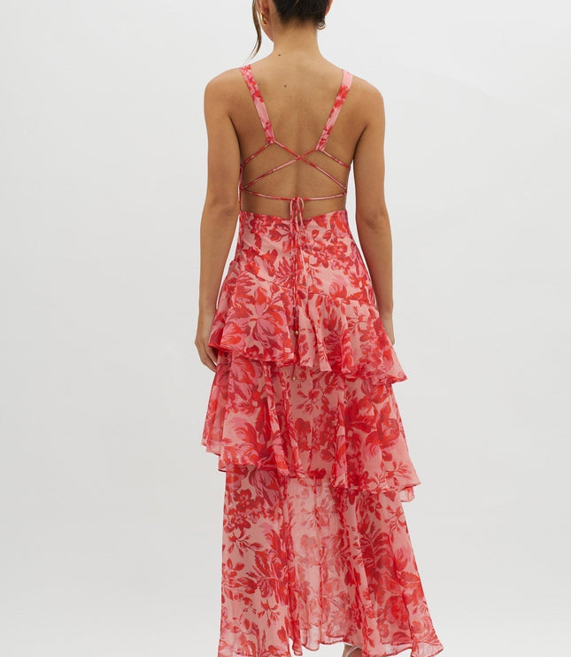 Coral floral maxi dress back view with criss-cross straps