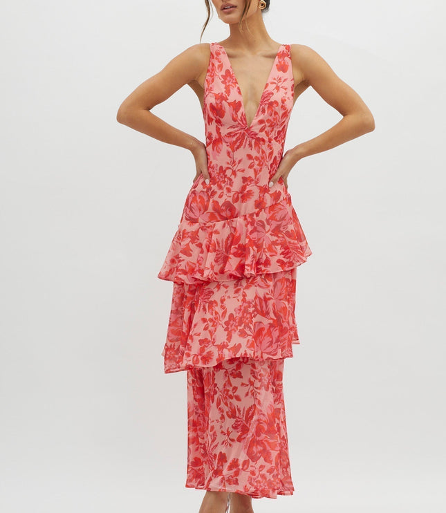Red floral tiered ruffle maxi dress front detail