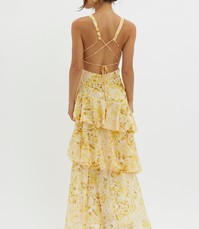 Yellow floral maxi dress back view with tie closure