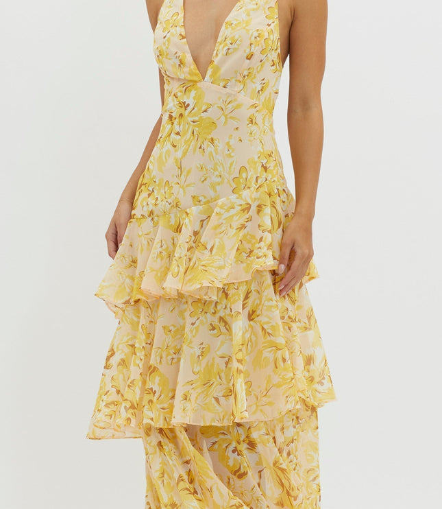Cream and yellow floral v-neck tiered maxi dress