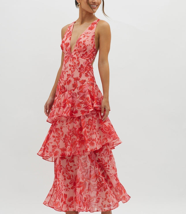 Coral floral tiered ruffle maxi dress with deep v-neck