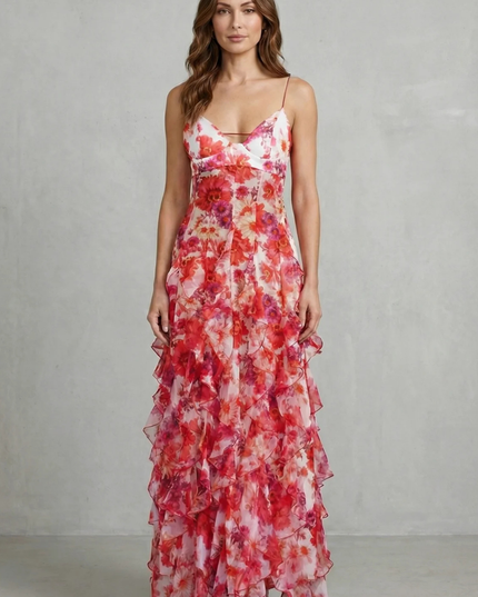 Front view of women's wedding guest floral V neck maxi dress with layered ruffle skirt