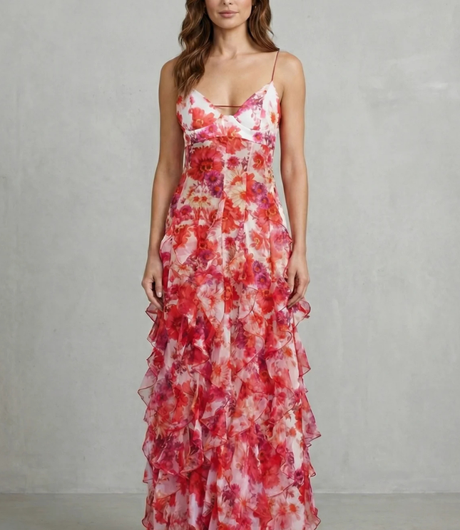Front view of women's wedding guest floral V neck maxi dress with layered ruffle skirt