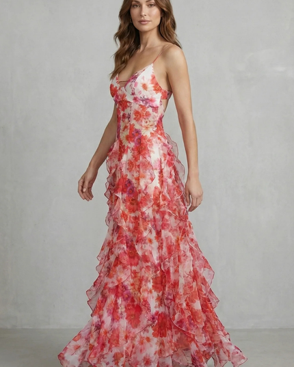 Side view of floral V neck maxi dress showing straps and flowing ruffle layers