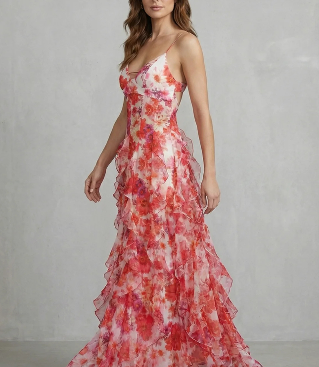 Side view of floral V neck maxi dress showing straps and flowing ruffle layers