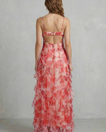 Back view of floral maxi dress with open back and thin spaghetti straps