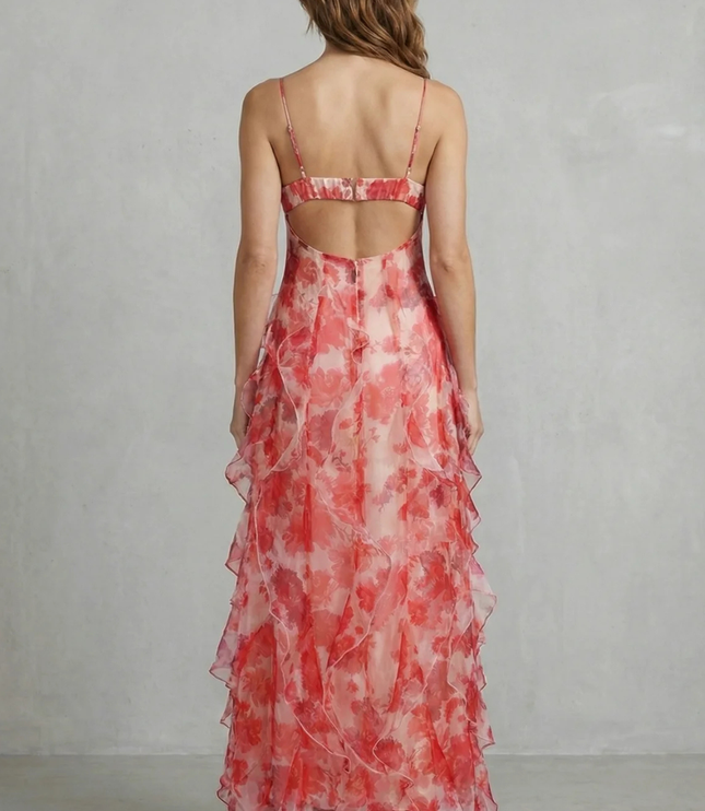 Back view of floral maxi dress with open back and thin spaghetti straps