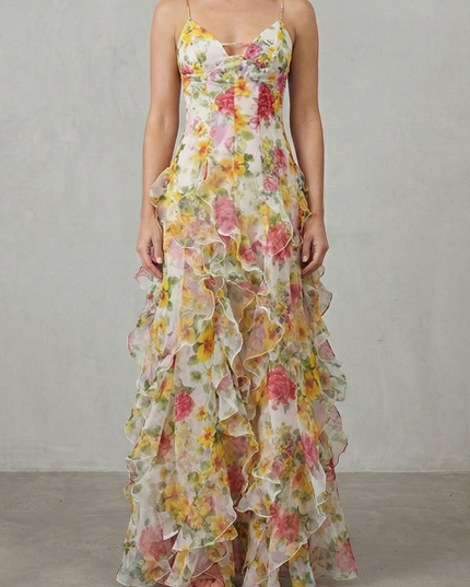 Women's wedding guest floral V neck maxi dress in yellow and pink, front view
