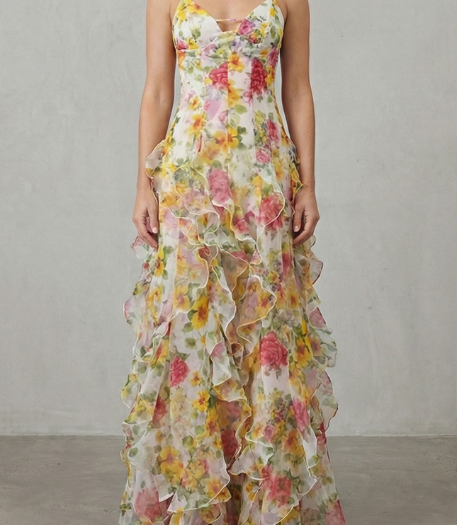 Women's wedding guest floral V neck maxi dress in yellow and pink, front view