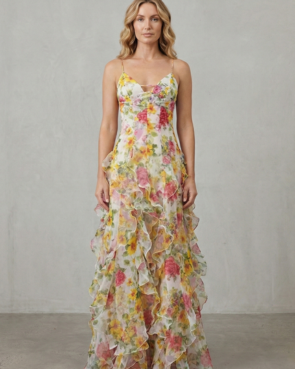 Front view of floral maxi dress with yellow blooms and tiered ruffle hem