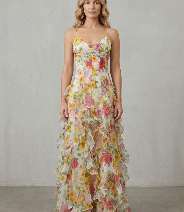 Front view of floral maxi dress with yellow blooms and tiered ruffle hem