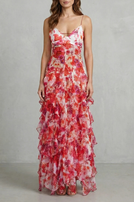 Floral V neck maxi dress with red and pink ruffles, front view on model