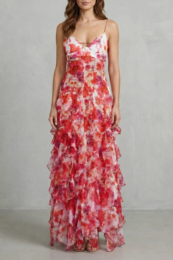 Floral V neck maxi dress with red and pink ruffles, front view on model