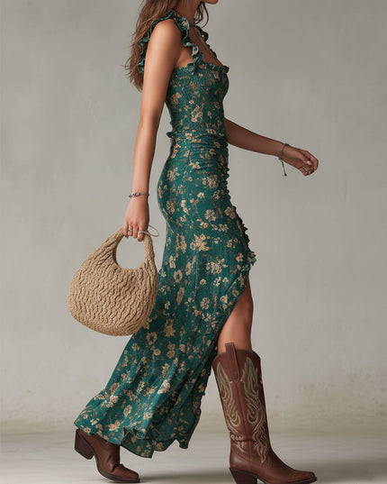 Side view of teal floral sleeveless maxi dress with ruffle straps and high slit