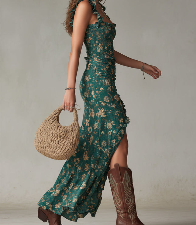 Side view of teal floral sleeveless maxi dress with ruffle straps and high slit