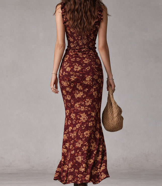Back view of burgundy floral maxi dress with sleeveless fit and ankle-length hem