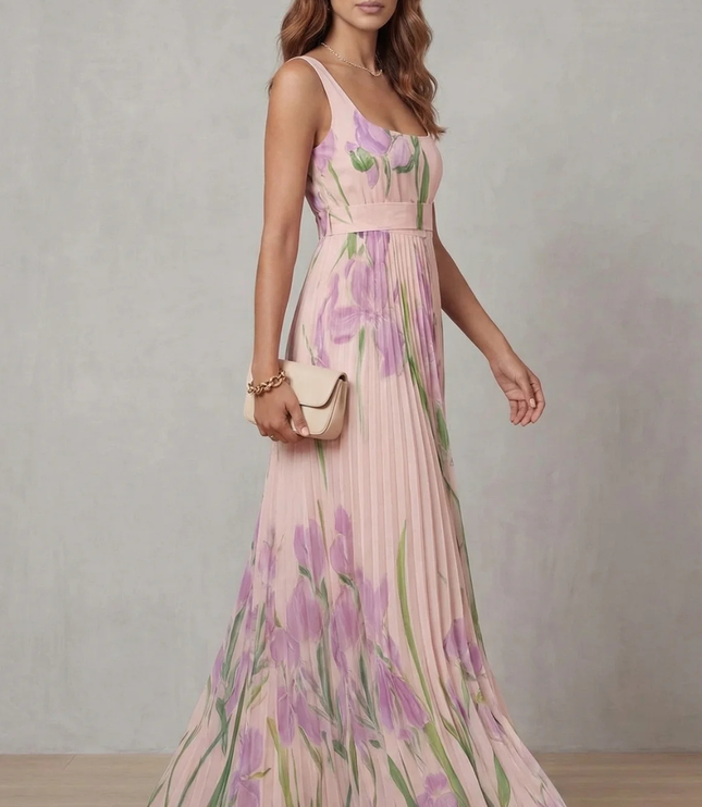 Side view of a pink floral square neck maxi dress showing sleeveless bodice and pleated skirt