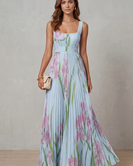 Front view of a light blue floral square neck maxi dress with pleated skirt and waist belt
