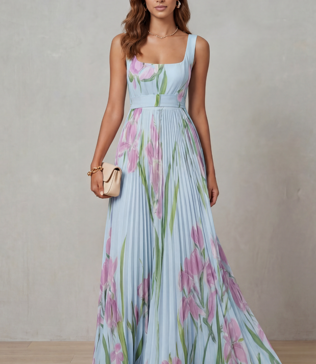 Front view of a light blue floral square neck maxi dress with pleated skirt and waist belt