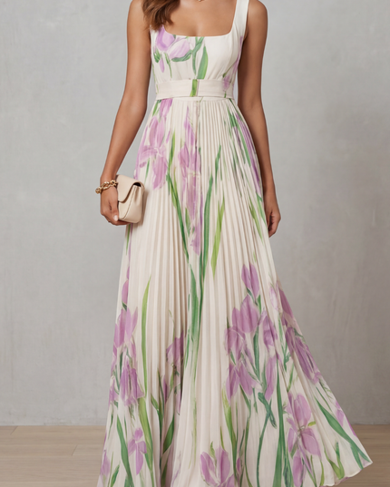 Floral square neck maxi dress with pleated skirt and waist belt in cream, pink, and green