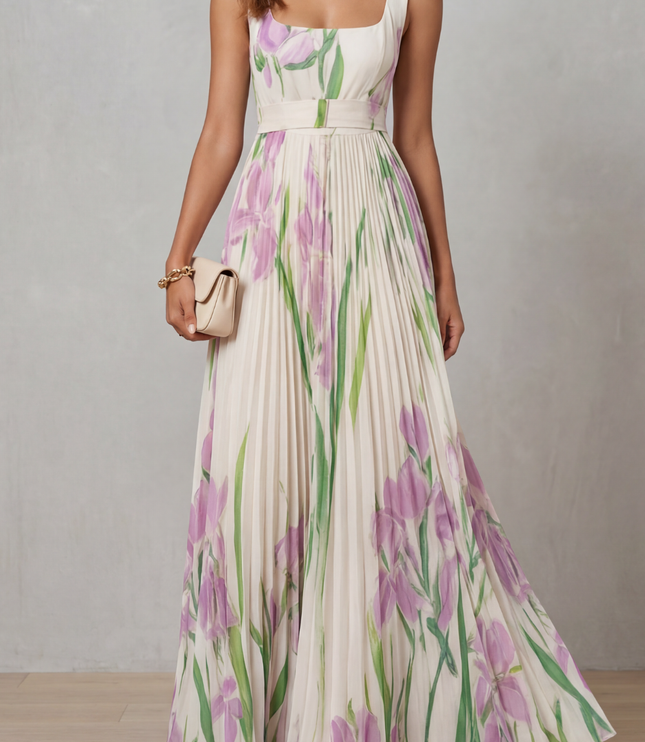 Floral square neck maxi dress with pleated skirt and waist belt in cream, pink, and green