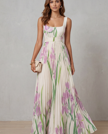 Front view of a women's wedding guest floral maxi dress with square neckline and sleeveless straps