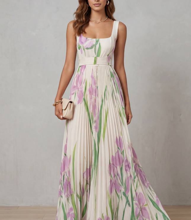 Front view of a women's wedding guest floral maxi dress with square neckline and sleeveless straps