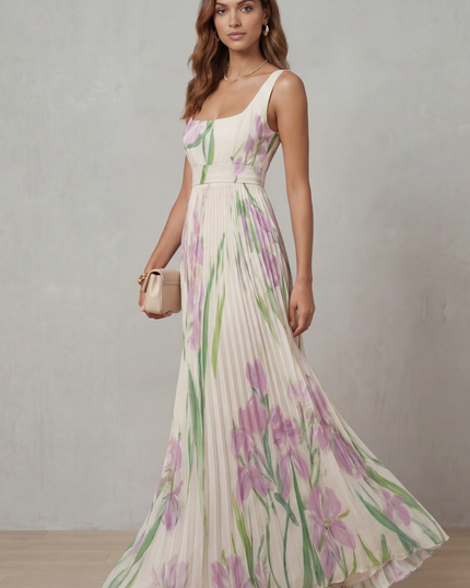Side view of a sleeveless floral square neck maxi dress with flowing pleated skirt for wedding guest wear