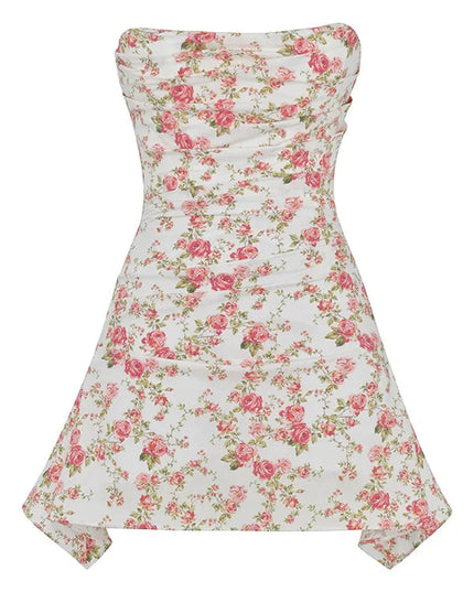 Back product view of a women's floral strapless mini dress with zip closure and flared hem