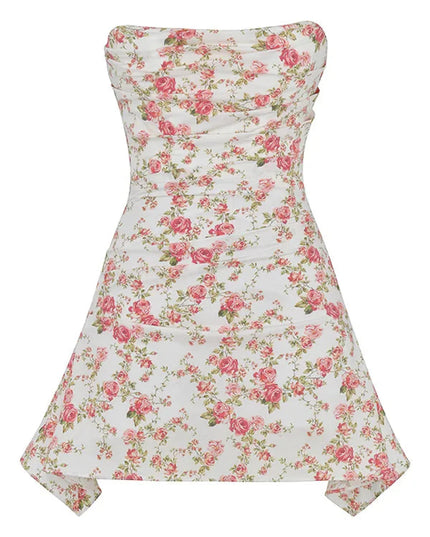 Back product view of a women's floral strapless mini dress with zip closure and flared hem