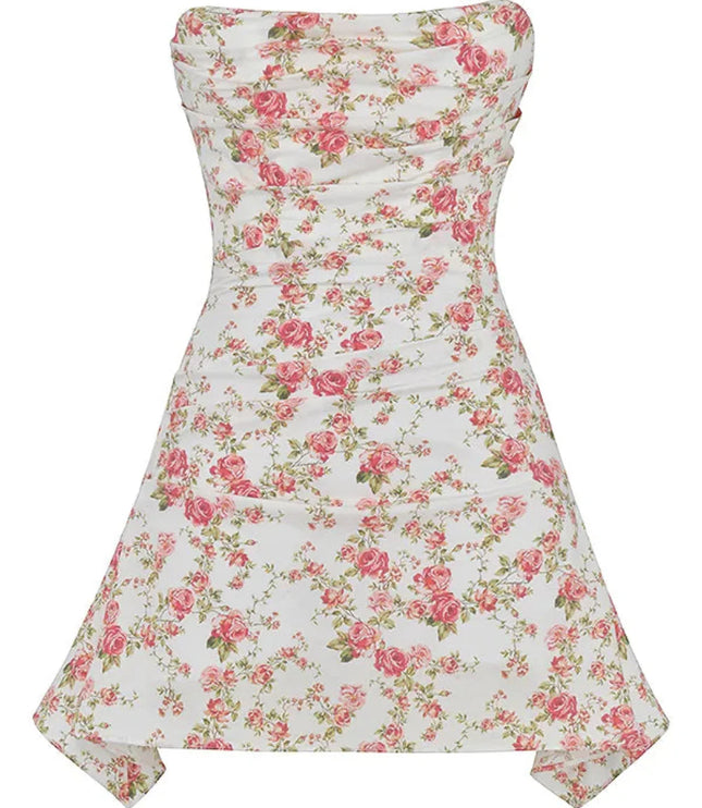 Back product view of a women's floral strapless mini dress with zip closure and flared hem