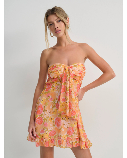 Vestido mini sin tirantes con flores para invitada de boda para mujer