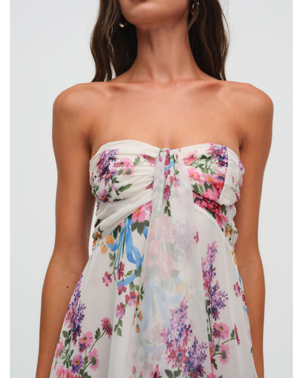 Vestido mini sin tirantes con flores para invitada de boda para mujer