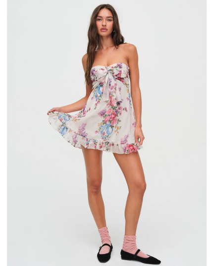 Vestido mini sin tirantes con flores para invitada de boda para mujer