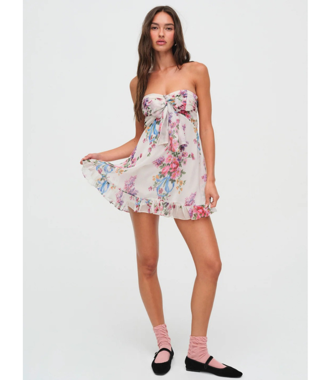 Vestido mini sin tirantes con flores para invitada de boda para mujer