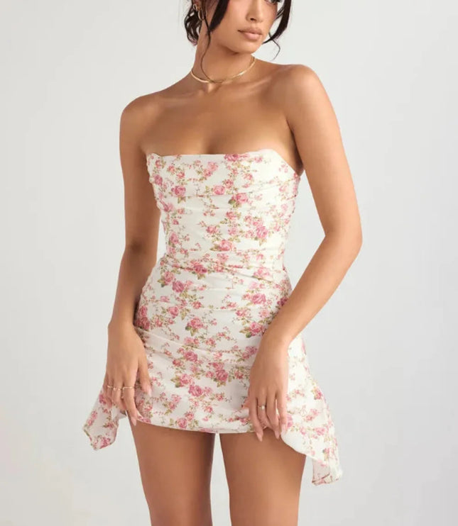 Front angled view of a floral strapless mini dress showing ruched bodice and asymmetrical hem