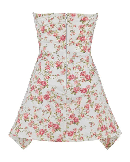 Product view of a strapless floral mini dress with pink rose print, flared skirt, and back zipper