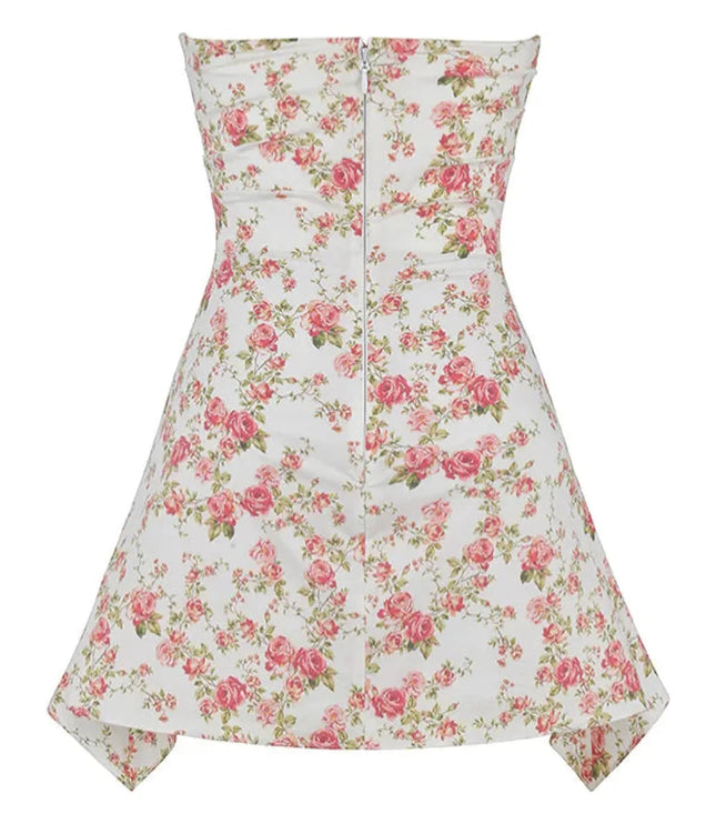 Product view of a strapless floral mini dress with pink rose print, flared skirt, and back zipper
