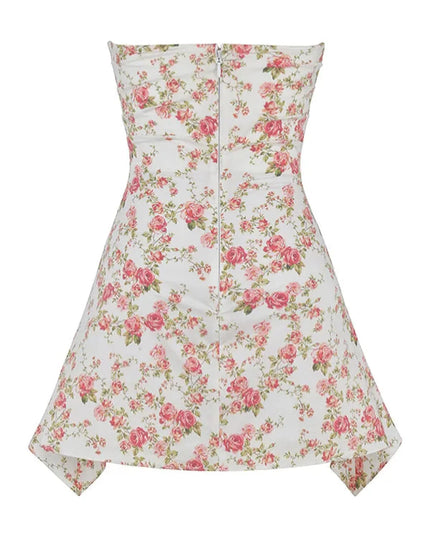 Product view of a strapless floral mini dress with pink rose print, flared skirt, and back zipper