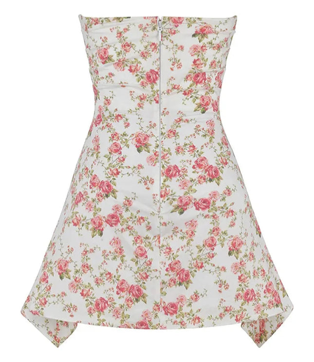 Product view of a strapless floral mini dress with pink rose print, flared skirt, and back zipper